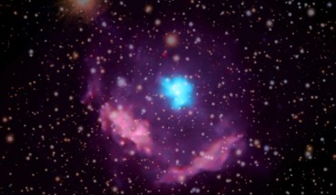 In this composite image of Kes 75, high-energy X-rays observed by Chandra are colored blue and highlight the pulsar wind nebula surrounding the pulsar, while lower-energy X-rays appear purple and show the debris from the explosion. Image credit: X-rays – NASA / CXC / NCSU / S. Reynolds; optical – PanSTARRS.