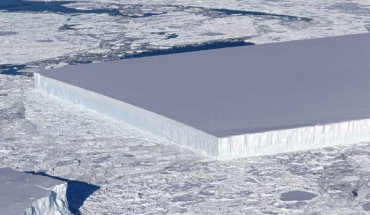 This image of the rectangular iceberg was taken during an Operation IceBridge flight over the northern Antarctic Peninsula on October 16, 2018. Image credit: Jeremy Harbeck, NASA.