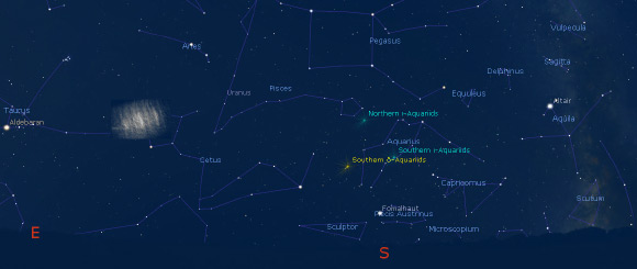Pattern of the angle of polarization of the sky around the L5 Lagrange point of the Earth-Moon system, measured by imaging polarimetry in the green (550 nm) spectral range at 01:14 GMT on August 19, 2017. The position of the L5 point is shown by a white dot. In this picture the central region of the Kordylewski dust cloud is visible (bright red pixels). The straight tilted lines are traces of satellites. Image credit: Judit Slíz-Balogh.