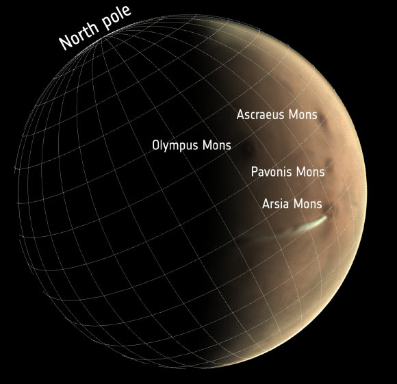 The elongated cloud on Mars. Image credit: ESA / GCP / UPV / EHU Bilbao / CC BY-SA 3.0 IGO.