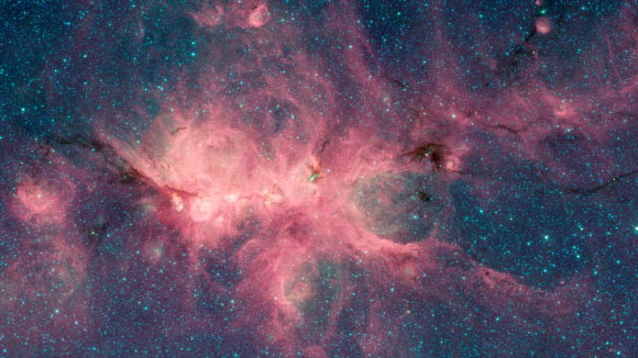 The Cat’s Paw Nebula, imaged here by Spitzer’s IRAC instrument. Image credit: NASA / JPL-Caltech.