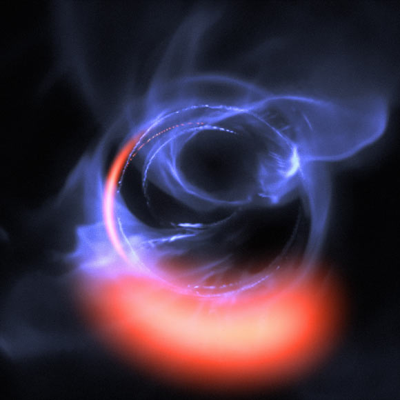 This visualization uses data from simulations of orbital motions of gas swirling around at about 30% of the speed of light on a circular orbit around the supermassive black hole. Image credit: ESO / GRAVITY Collaboration / L. Calçada.