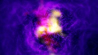 Composite image of the galaxy cluster Abell 2597 showing the fountain-like flow of gas powered by the supermassive black hole in the central galaxy. The yellow is ALMA data of the cold gas. The red is data from ESO’s Very Large Telescope showing the hot hydrogen gas in the same region. The extend purple is the extended hot, ionized gas as imaged by NASA’s Chandra X-ray Observatory. Image credit: ALMA / ESO / NAOJ / NRAO / Tremblay et al / AUI / NSF / B. Saxton / NASA / Chandra / VLT.