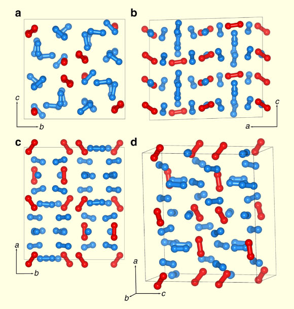 The crystal structure of ι–N2: (a-c) projections along the a, b and c axes respectively; (d) a perspective projection of the unit cell; layered N2 molecules are shown in blue and oriented molecules are shown in red. Image credit: Turnbull et al, doi: 10.1038/s41467-018-07074-4.