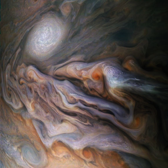 This image captured by NASA’s Juno orbiter shows a multitude of magnificent, swirling clouds in Jupiter’s North North Temperate Belt. The image was taken at 4:58 p.m. EDT on October 29, 2018 (1:58 p.m. PDT) as the spacecraft performed its 16th close flyby of Jupiter. At the time, Juno was about 4,400 miles (7,000 km) from the planet’s cloud tops, at a latitude of approximately 40 degrees north. Image credit: NASA / JPL-Caltech / SwRI / MSSS / Gerald Eichstaedt / Sean Doran.