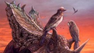 A reconstruction of Mirarce eatoni perched on the horns of the ceratopsian dinosaur Utahceratops gettyi. Image credit: Brian Engh, dontmesswithdinosaurs.com.