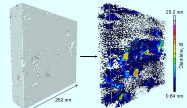 Using electron tomography, Pellenq et al probed a sample of kerogen to determine its internal structure. At left, the sample as seen from the outside, and at right, the detailed 3D image of its internal pore structure. Image credit: Pellenq et al, doi: 10.1073/pnas.1808402115.