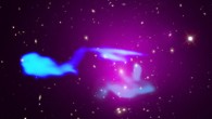 This composite image shows Abell 1033, two merging galaxy clusters located about 1.6 billion light-years from Earth. Image credit: X-ray – NASA / CXC / Leiden University / F. de Gasperin et al; optical – SDSS; radio – LOFAR / ASTRON / NCRA / TIFR / GMRT.