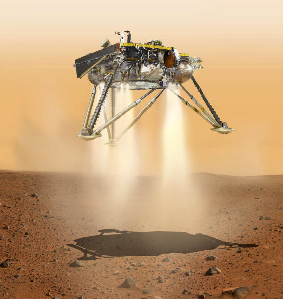 This is an illustration showing a simulated view of NASA’s InSight lander about to land on the surface of Mars. Image credit: NASA / JPL-Caltech.