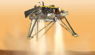 This is an illustration showing a simulated view of NASA’s InSight lander about to land on the surface of Mars. Image credit: NASA / JPL-Caltech.