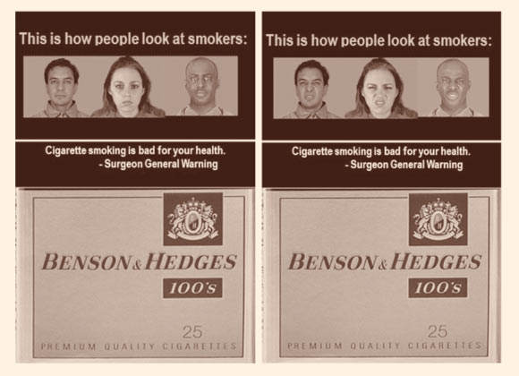 Tobacco package stimuli: neutral (left) and negative (right) social cues. Image credit: Jennifer Jeffrey & Matthew Thomson, doi: 10.1111/joca.12232.