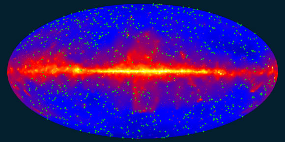 This map of the entire sky shows the location of 739 blazars used in NASA’s Fermi Gamma-ray Space Telescope’s measurement of the extragalactic background light. The background shows the sky as it appears in gamma rays with energies above 10 billion electron volts, constructed from nine years of observations by Fermi’s Large Area Telescope. The plane of our Milky Way Galaxy runs along the middle of the plot. Image credit: NASA / DOE / Fermi LAT Collaboration.
