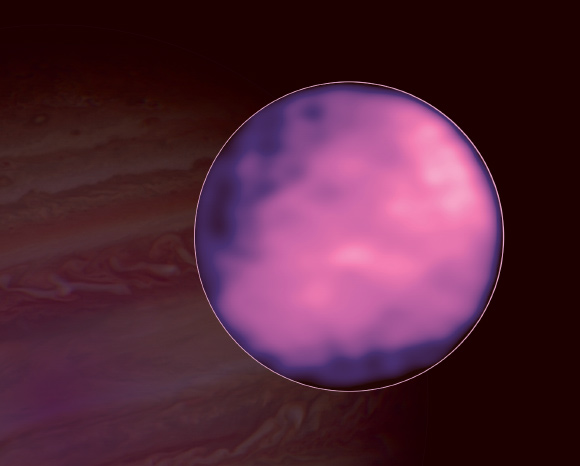 ALMA image of the Jupiter’s icy moon Europa and Hubble image of Jupiter in the background. Image credit: ALMA / ESO / NAOJ / NRAO / S. Trumbo et al / AUI / NSF / S. Dagnello / NASA / Hubble.