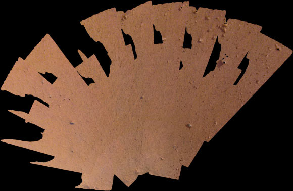 This mosaic, made of 52 individual images from NASA’s InSight lander, shows the workspace where the spacecraft will eventually set its science instruments. Image credit: NASA / JPL-Caltech.