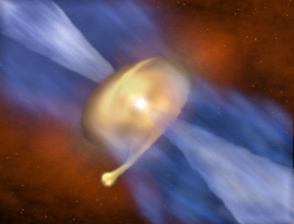 An artist’s impression of the disk of dust and gas surrounding the massive protostar MM 1a, with its companion MM 1b forming in the outer regions. Image credit: J.D. Ilee, University of Leeds.