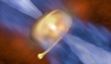 An artist’s impression of the disk of dust and gas surrounding the massive protostar MM 1a, with its companion MM 1b forming in the outer regions. Image credit: J.D. Ilee, University of Leeds.