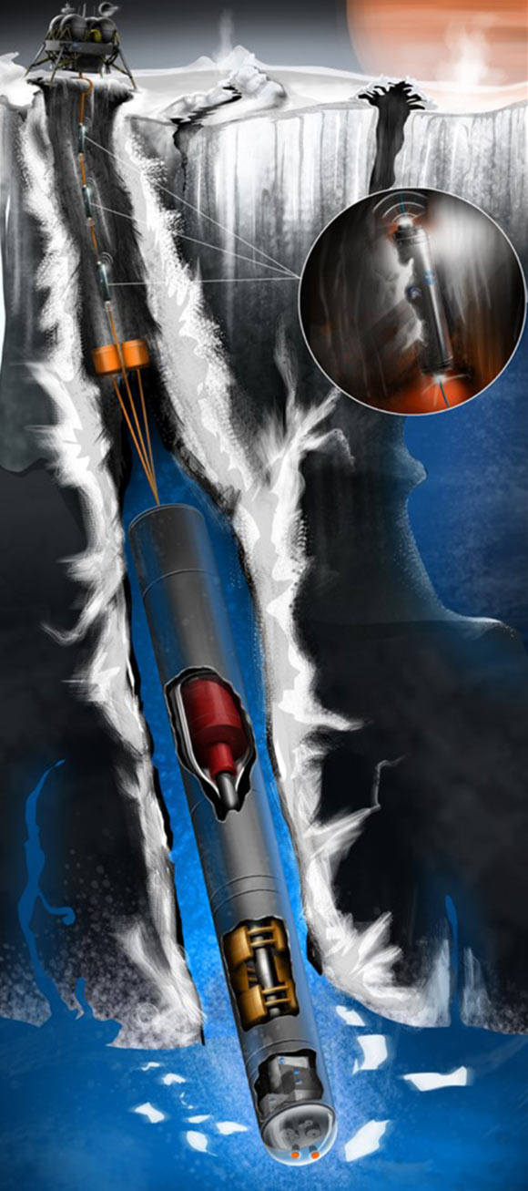 An artist’s rendering of the Europa ‘tunnelbot.’ Image credit: Alexander Pawlusik, LERCIP Internship Program, NASA’s Glenn Research Center.