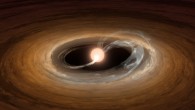 Material from the dusty and gas-rich disk (orange) plus hot gas (blue) mildly flows onto the star, creating a hot spot. Image credit: Caltech / T. Pyle, IPAC.