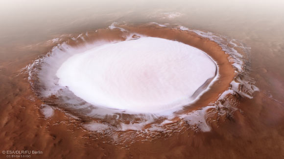 Perspective view of Korolev crater. Image credit: ESA / DLR / FU Berlin / CC BY-SA 3.0 IGO.