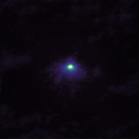 ALMA image of 46P/Wirtanen taken on December 2, 2018, as the comet approached Earth. The image shows the concentration and distribution of HCN molecules near the center of the comet’s coma. Image credit: ALMA / ESO / NAOJ / NRAO / M. Cordiner / NASA / CUA.