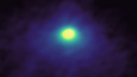 ALMA image of 46P/Wirtanen taken on December 2, 2018, as the comet approached Earth. The image shows the concentration and distribution of HCN molecules near the center of the comet’s coma. Image credit: ALMA / ESO / NAOJ / NRAO / M. Cordiner / NASA / CUA.