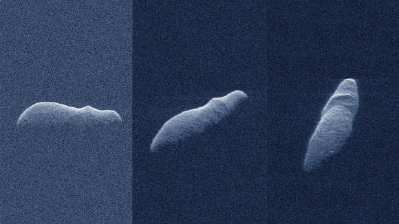These three radar images of near-Earth asteroid 2003 SD220 were obtained on December 15-17, 2018. Image credit: NASA / JPL-Caltech / GSSR / NSF / GBO.