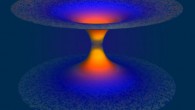 An artist’s depiction of loop quantum gravity effects in a black hole. The bottom half of the image depicts the black hole which, according to general relativity, traps everything including light. Loop quantum gravity overcomes this tremendous pull and liberates everything shown in the top half of image, thus solving the fundamental problem of black hole singularity. Image credit: A. Corichi & J.P. Ruiz.