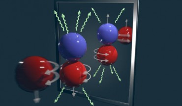 Blyth et al analyzed the gamma rays emitted during the NPDGamma Experiment and found parity-violating asymmetry, which is a specific change in behavior in the force between a neutron and a proton. They measured a 30 parts per billion preference for gamma rays to be emitted antiparallel to the neutron spin when neutrons are captured by protons in liquid hydrogen. After observing that more gammas go down than up, the experiment resolved for the first time a mirror-asymmetric component or handedness of the weak force. Image credit: Andy Sproles / Oak Ridge National Laboratory, U.S. Department of Energy.
