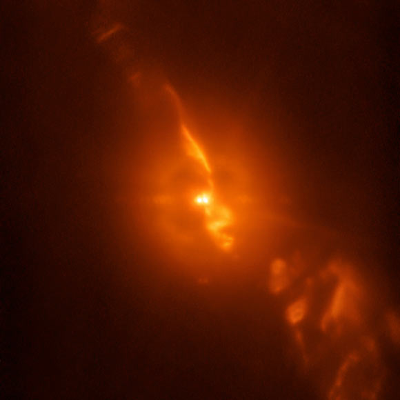 This image taken by ESO’s Very Large Telescope shows the binary system R Aquarii and the jets of material spewing from the stellar couple. Image credit: ESO / Schmid et al.
