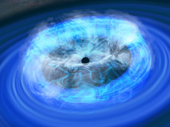 An artist’s rendering of the corona around a black hole. Image credit: RIKEN.