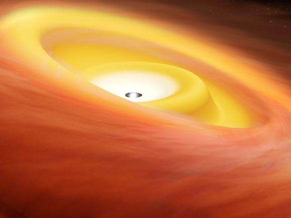 An artist’s impression of a warped disk around a protostar. Image credit: RIKEN.