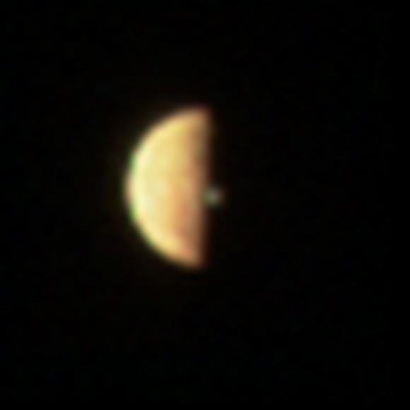JunoCam acquired three images of Io prior to when it entered eclipse, all showing a volcanic plume illuminated beyond the terminator; the image shown here, reconstructed from red, blue and green filter images, was acquired at 12:20 p.m. GMT on December 21, 2018; Juno was 186,411 miles (300,000 km) from Io. Image credit: NASA / SwRI / MSSS.