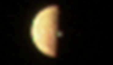 JunoCam acquired three images of Io prior to when it entered eclipse, all showing a volcanic plume illuminated beyond the terminator; the image shown here, reconstructed from red, blue and green filter images, was acquired at 12:20 p.m. GMT on December 21, 2018; Juno was 186,411 miles (300,000 km) from Io. Image credit: NASA / SwRI / MSSS.