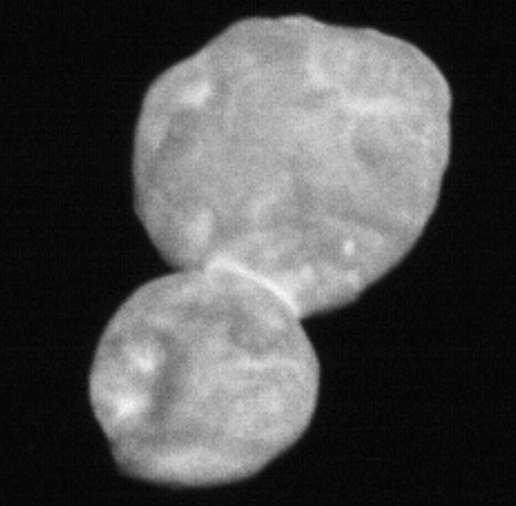 This image taken by New Horizons’ Long-Range Reconnaissance Imager (LORRI) is the most detailed of Ultima Thule returned so far by the spacecraft. It was taken at 12:01 a.m. EST (5:01 a.m. GMT) on January 1, 2019, just 30 minutes before closest approach from a range of 18,000 miles (28,000 km). Image credit: NASA / Johns Hopkins University Applied Physics Laboratory / Southwest Research Institute.