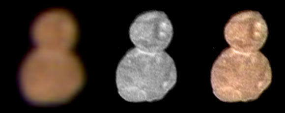 The first color image of Ultima Thule, taken at a distance of 85,000 miles (137,000 km) at 11:08 p.m. EST on December 31, 2018 (4:08 a.m. GMT on January 1, 2019), highlights its reddish surface. At left is an enhanced color image taken by New Horizons’ Multispectral Visible Imaging Camera (MVIC), produced by combining the near infrared, red and blue channels. The center image taken by the LORRI camera has a higher spatial resolution than MVIC by approximately a factor of five. At right, the color has been overlaid onto the LORRI image to show the color uniformity of the Ultima and Thule lobes. Note the reduced red coloring at the neck of the object. Image credit: NASA / Johns Hopkins University Applied Physics Laboratory / Southwest Research Institute.