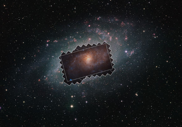 This wide-field view shows the Triangulum Galaxy as seen from the ground. The extent of the new huge mosaic created with the NASA/ESA Hubble Space Telescope is shown by the irregularly shaped region and the main image presented here by the rectangle within it. Image credit: NASA / ESA / Digitized Sky Survey 2 / Davide De Martin.