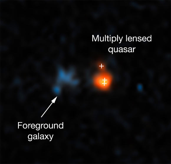 This image shows the distant quasar J043947.08+163415.7 as it was observed with the NASA/ESA Hubble Space Telescope. The quasar is one of the brightest objects in the early Universe. However, due to its distance it only became visible as its image was made brighter and larger by gravitational lensing. The system of the lensed images and the actual lens is so compact that Hubble is the only optical telescope able to resolve it. Image credit: NASA / ESA / X. Fan, University of Arizona.