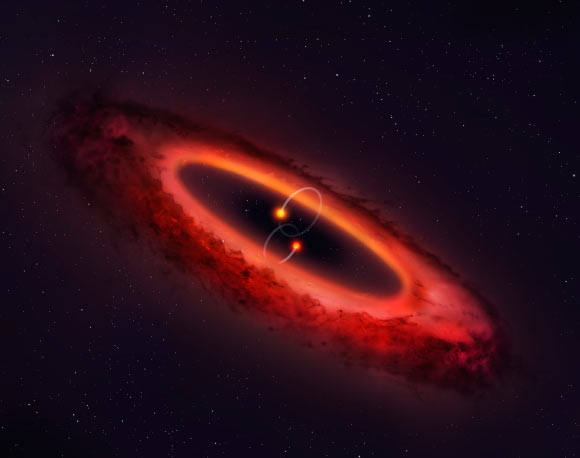 An artist’s impression of a view of the HD 98800BaBb binary star system and the surrounding disk. Image credit: Mark Garlick, University of Warwick.