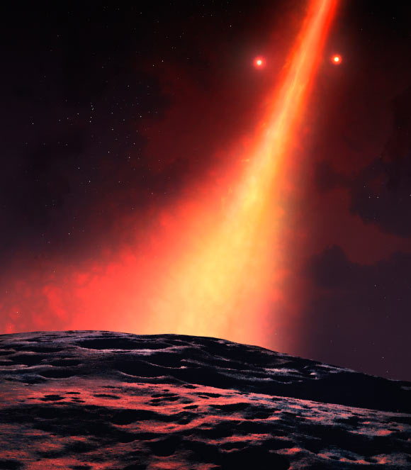 An artist’s impression of the view from a planet in the HD 98800BaBb system. Image credit: Mark Garlick, University of Warwick.