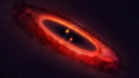An artist’s impression of a view of the HD 98800BaBb binary star system and the surrounding disk. Image credit: Mark Garlick, University of Warwick.
