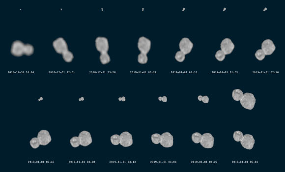 These raw images were used to create an animation demonstrating the propeller-like rotation of Ultima Thule in the seven hours between 3 p.m. EST (8 p.m. GMT) on December 31, 2018, and 12:01 a.m. EST (5:01 a.m. GMT) on January 1, 2019, as seen by New Horizons’ Long Range Reconnaissance Imager (LORRI). Image credit: NASA / Johns Hopkins University Applied Physics Laboratory / Southwest Research Institute.