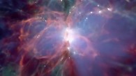 A 30,000 light-year region from the Renaissance Simulation centered on a cluster of young galaxies that generate radiation (white) and metals (green) while heating the surrounding gas. A dark matter halo just outside this heated region forms three supermassive stars (inset) each over 1,000 times the mass of our Sun that will quickly collapse into massive black holes and eventually supermassive black holes over billions of years. Image credit: Advanced Visualization Lab, National Center for Supercomputing Applications.