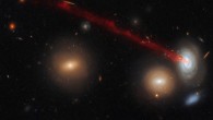 This striking image combines data gathered with Hubble’s Advanced Camera for Surveys (ACS) and data from the Subaru Telescope in Hawaii. It shows just a part of the spectacular tail emerging from the spiral galaxy D100. Image credit: NASA / ESA / Hubble / Cramer et al.