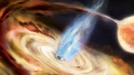 In this illustration, MAXI J1820+070 pulls material off a neighboring star and into an accretion disk; above the disk is a region of subatomic particles called the corona. Image credit: Aurore Simonnet / NASA’s Goddard Space Flight Center.