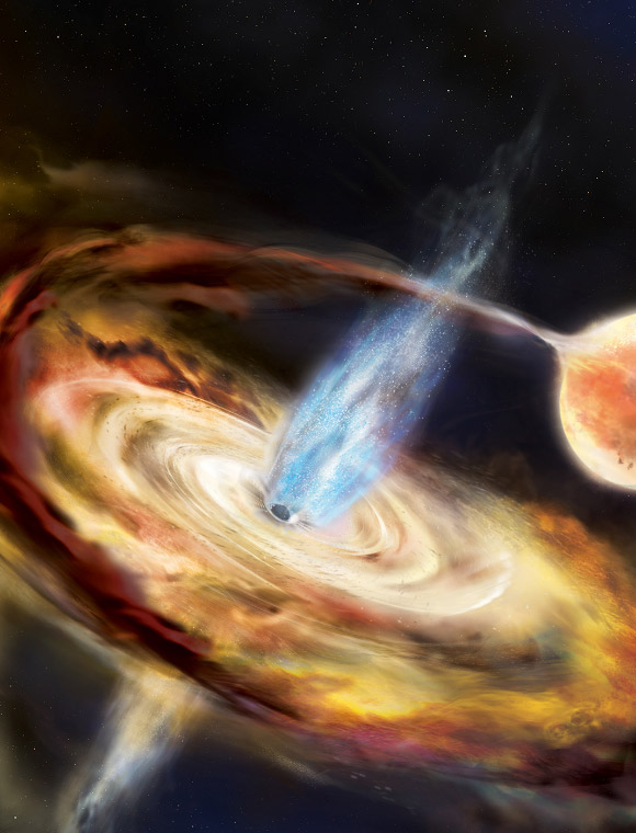 In this illustration, MAXI J1820+070 pulls material off a neighboring star and into an accretion disk; above the disk is a region of subatomic particles called the corona. Image credit: Aurore Simonnet / NASA’s Goddard Space Flight Center.
