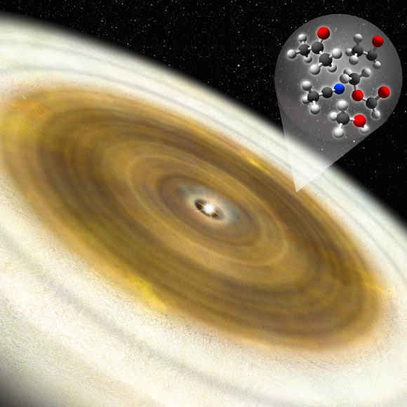 An artist’s impression of the protoplanetary disk around the young star V883 Orionis. Image credit: National Astronomical Observatory of Japan.