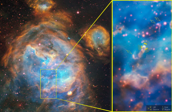 This image shows a close-up of the Herbig-Haro 1177 jet source and the bow shocks formed by the jet interacting with surrounding gas. Image credit: ESO / A. McLeod et al.
