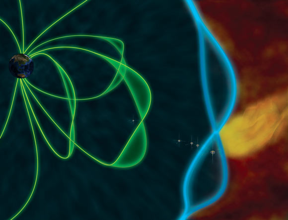 Illustration of a plasma jet impact (yellow) generating standing waves at the boundary (blue) of Earth’s magnetic shield (green). Image credit: E. Masongsong, UCLA / M. Archer, QMUL / H. Hietala, UTU.