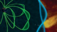 Illustration of a plasma jet impact (yellow) generating standing waves at the boundary (blue) of Earth’s magnetic shield (green). Image credit: E. Masongsong, UCLA / M. Archer, QMUL / H. Hietala, UTU.