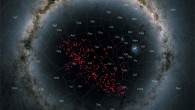 Night sky centered on the south Galactic pole in a so-called stereographic projection. In this special projection, the Milky Way curves around the entire image in an arc. The stars in the stream are displayed in red and cover almost the entire southern Galactic hemisphere, thereby crossing many well-known constellations. Image credit: Meingast et al, doi: 10.1051/0004-6361/201834950 / Gaia DR2 skymap.
